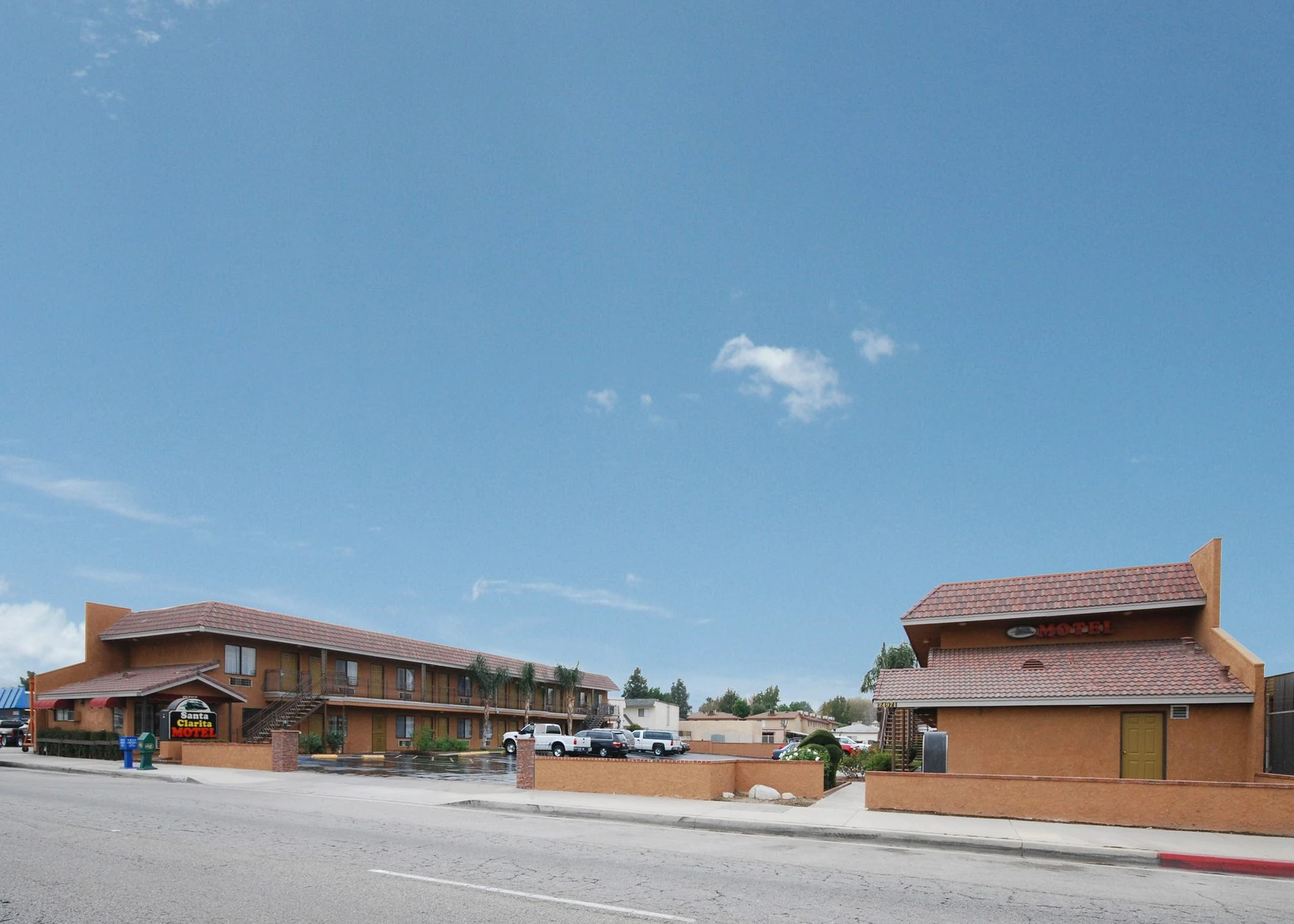 Motel entrance view with signage